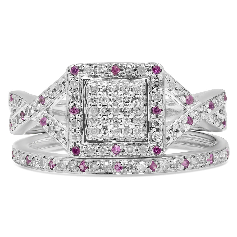 0.50 Carat (ctw) Sterling Silver Round Pink Sapphire & White Diamond Ladies Engagement Bridal Ring Set Matching Wedding Band 1/2 CT