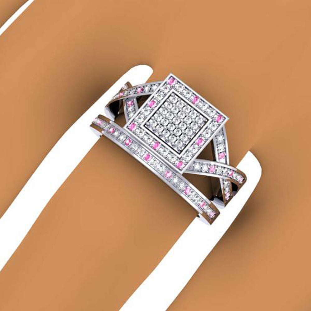 0.50 Carat (ctw) Sterling Silver Round Pink Sapphire & White Diamond Ladies Engagement Bridal Ring Set Matching Wedding Band 1/2 CT