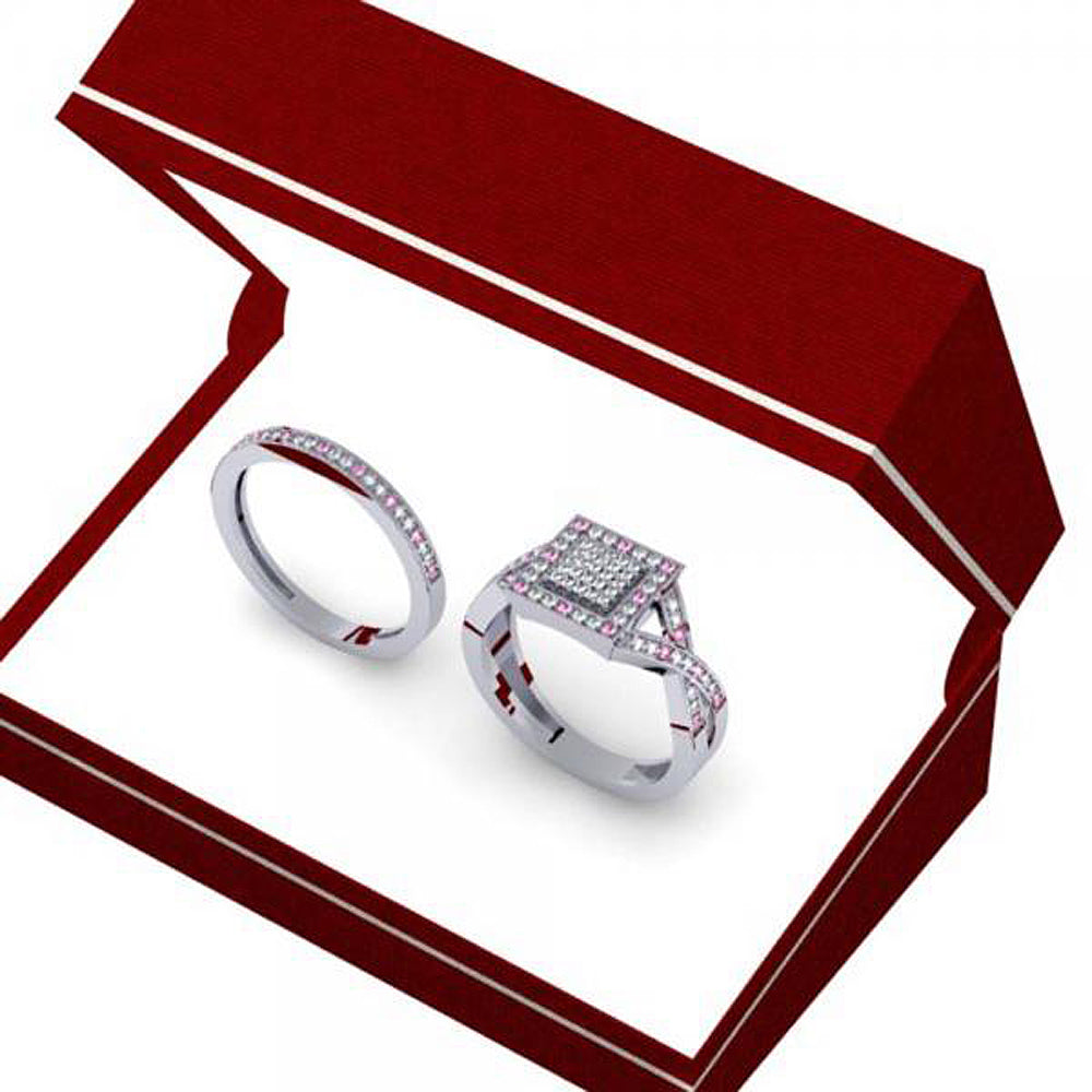 0.50 Carat (ctw) Sterling Silver Round Pink Sapphire & White Diamond Ladies Engagement Bridal Ring Set Matching Wedding Band 1/2 CT