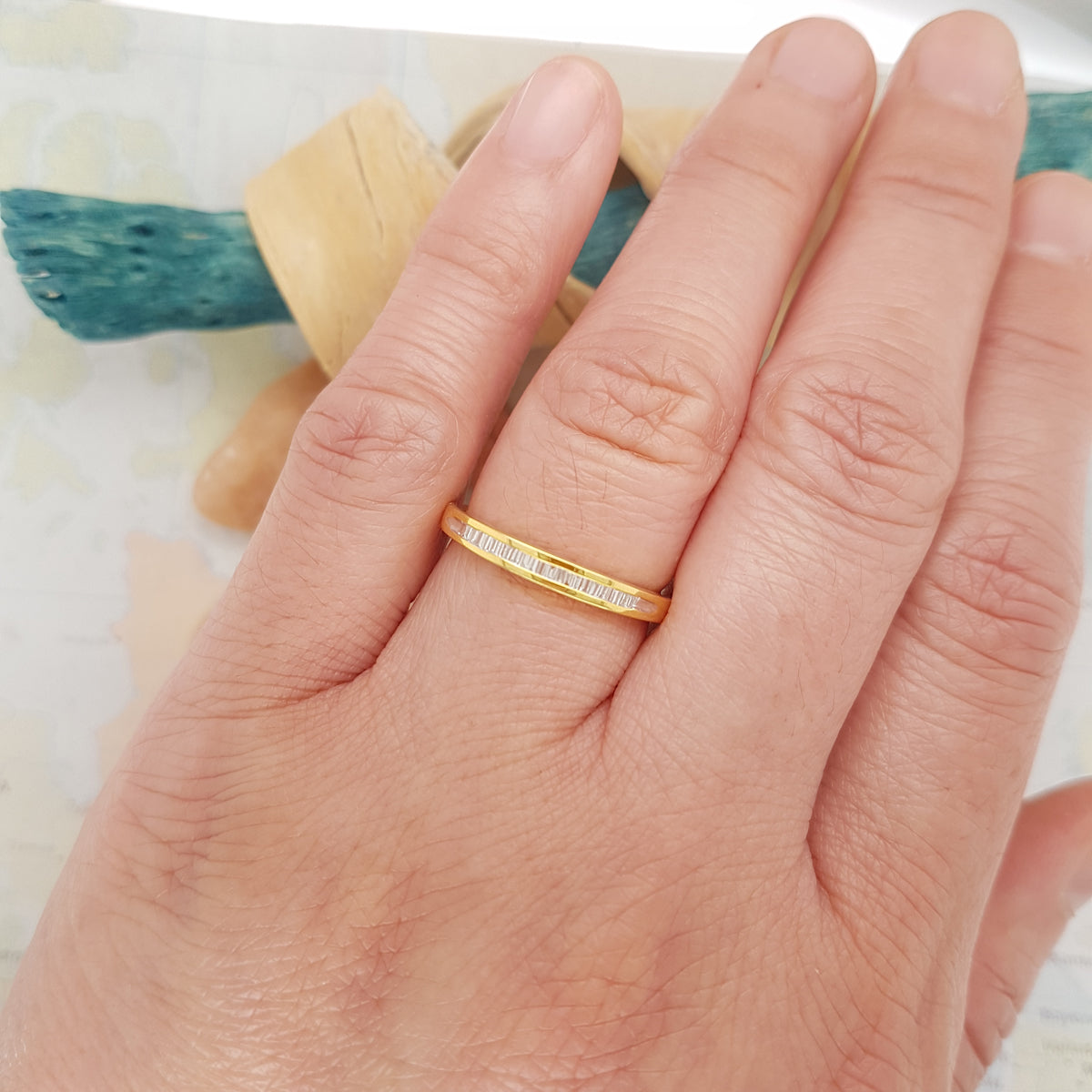 0.12 Carat (ctw) 18K Yellow Gold Plated Sterling Silver Baguettes Cut Diamond Ladies Anniversary Wedding Band Stackable Ring