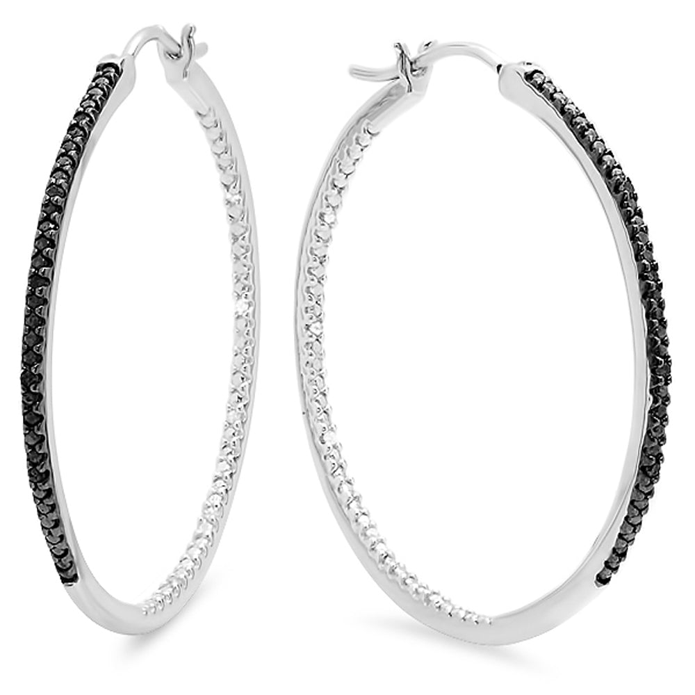 0.20 Carat (ctw) Sterling Silver Round Cut Black Diamond Ladies Hoop Earrings 1/5 CT