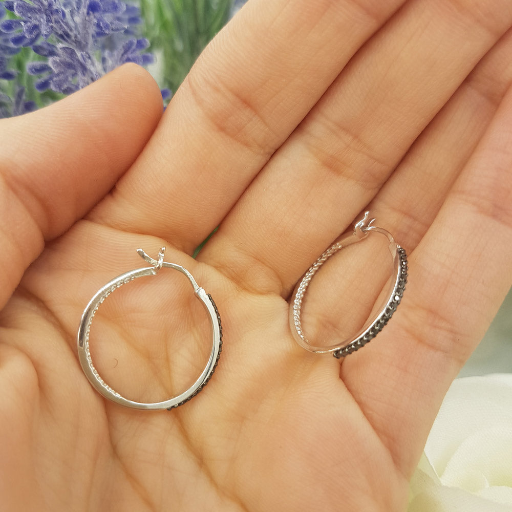 0.20 Carat (ctw) Sterling Silver Round Cut Black Diamond Ladies Hoop Earrings 1/5 CT