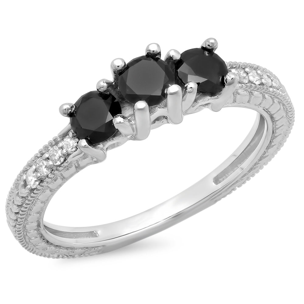 0.75 Carat (ctw) Sterling Silver Round Cut Black & White Diamond Ladies Bridal 3 Stone Engagement Promise Ring 3/4 CT