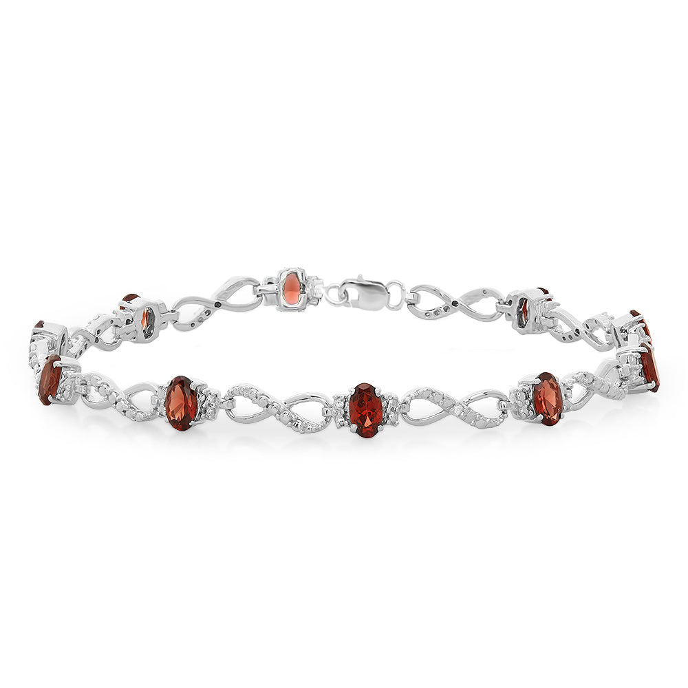 6.41 Carat (ctw) Sterling Silver Real Oval Cut Genuine Garnet & Round White Diamond Ladies Link Bracelet