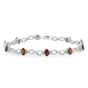 6.41 Carat (ctw) Sterling Silver Real Oval Cut Genuine Garnet & Round White Diamond Ladies Link Bracelet