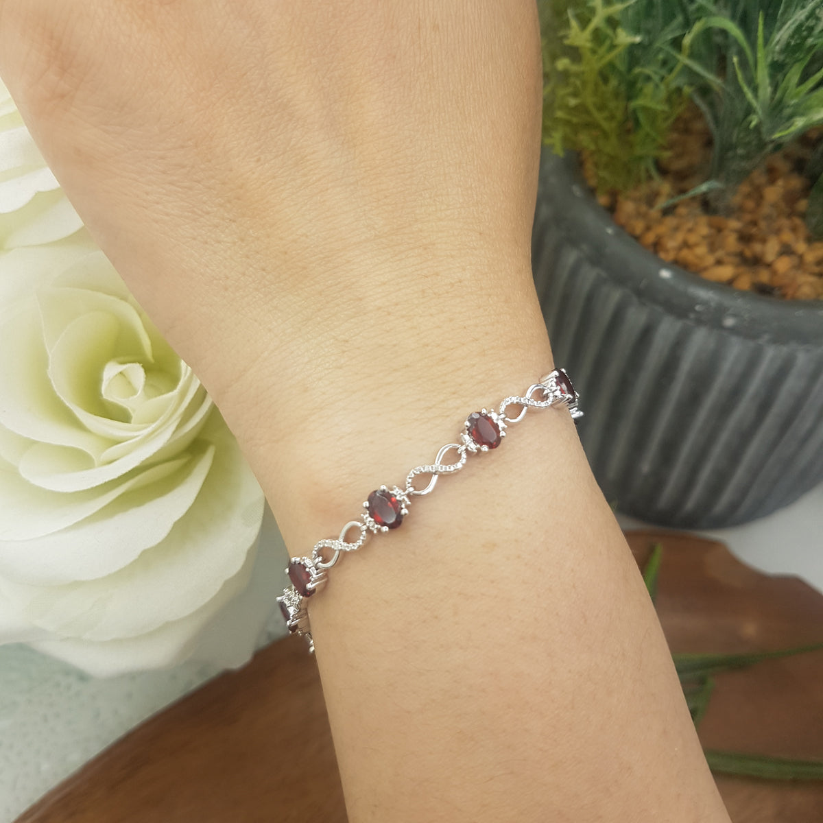 6.41 Carat (ctw) Sterling Silver Real Oval Cut Genuine Garnet & Round White Diamond Ladies Link Bracelet