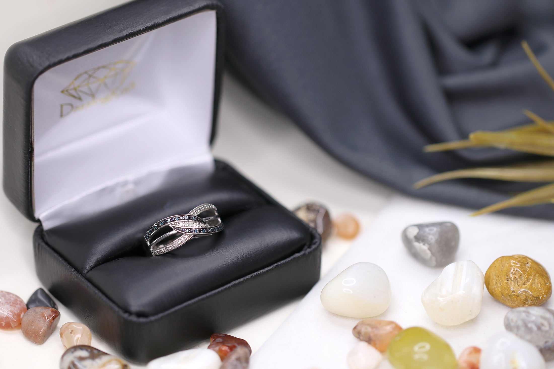 0.20 Carat (ctw) Sterling Silver Round Blue & White Diamond Ladies Swirl Split Shank Fashion Right Hand Ring 1/5 CT