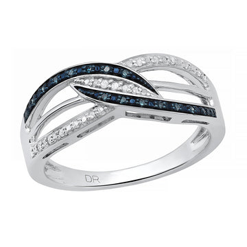 0.20 Carat (ctw) Sterling Silver Round Blue & White Diamond Ladies Swirl Split Shank Fashion Right Hand Ring 1/5 CT