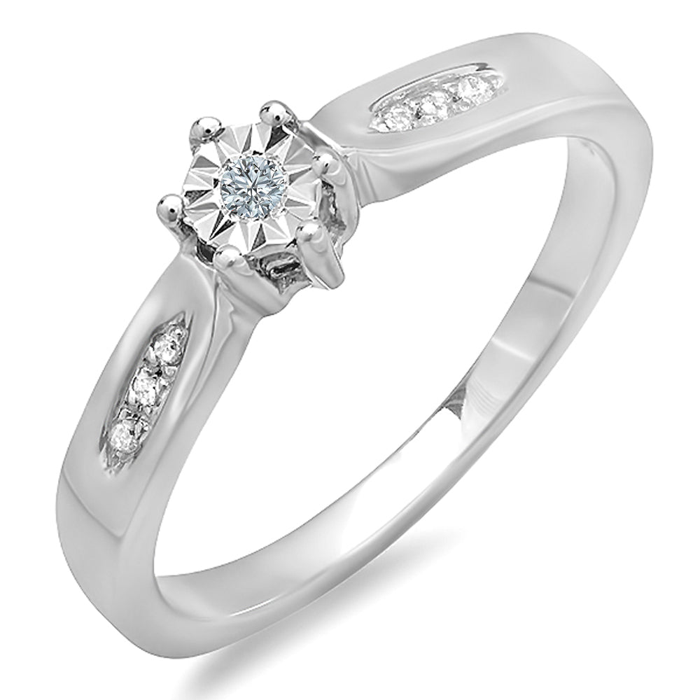 0.08 Carat (ctw) Sterling Silver Round White Diamond Ladies Solitaire With Accent Engagement Bridal Promise Ring