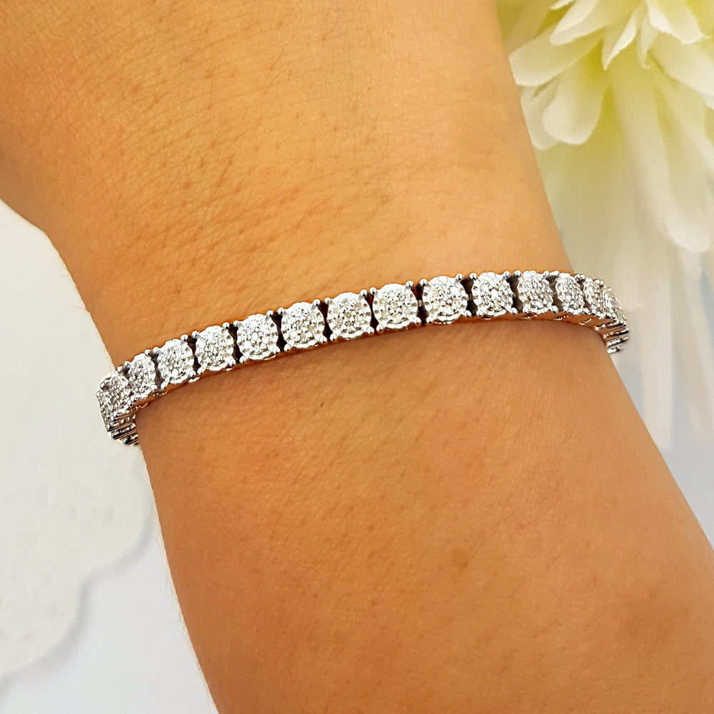 0.90 Cttw Round White Diamond Cluster Tennis Link Bracelet for Women in 925 Sterling Silver