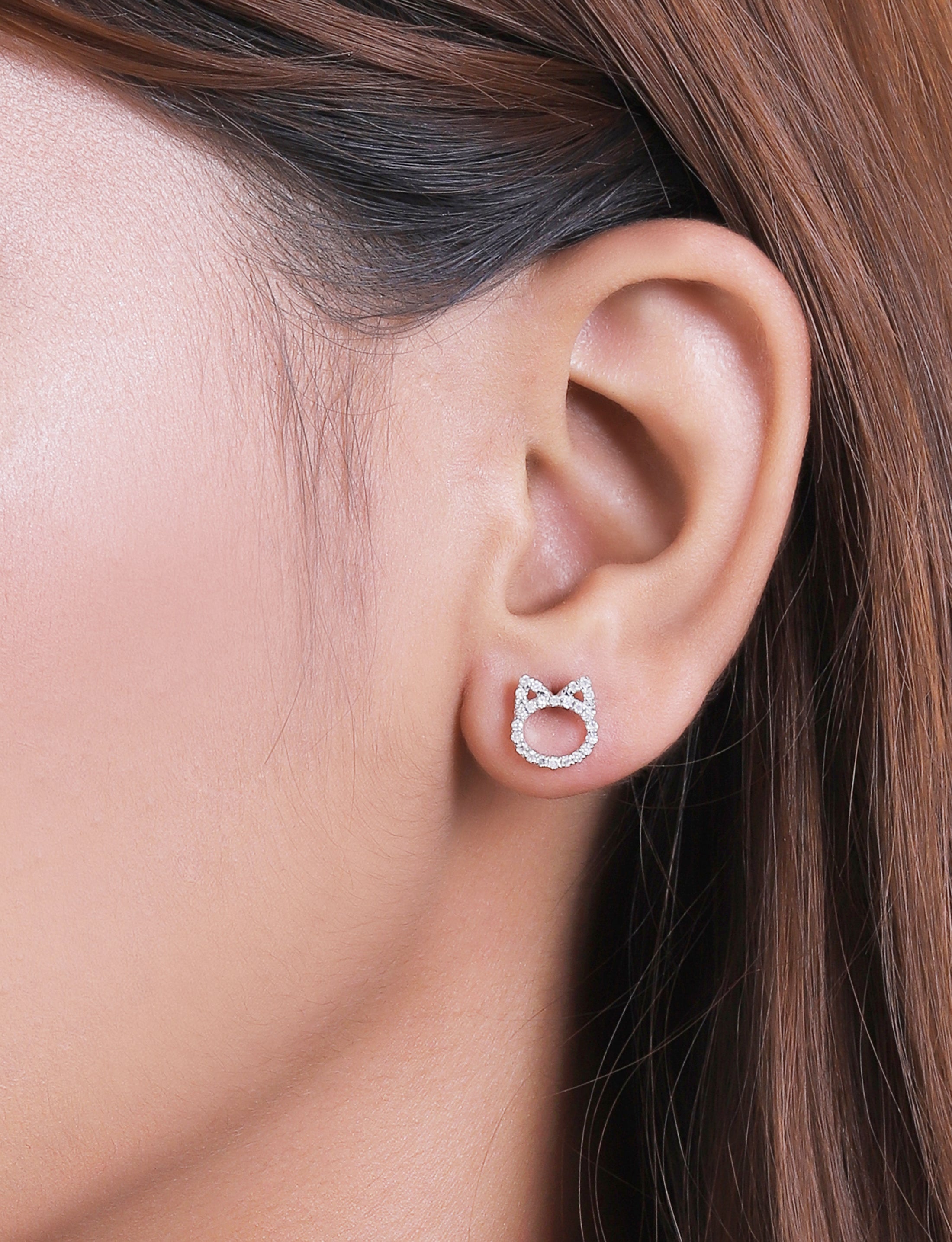 0.25 Carat (ctw) Round White Diamond Cat Ear Stud Earrings for Her (Color I-J Clarity I2-I3) in 925 Sterling Silver in Push Back