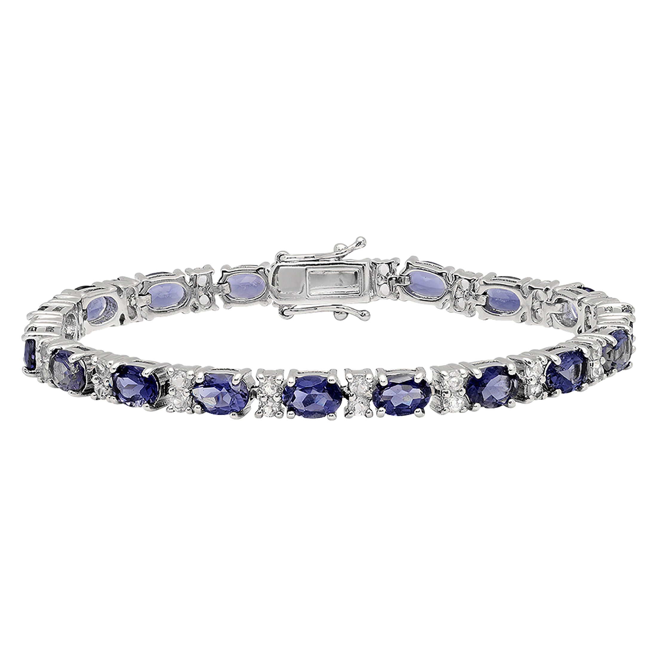 Sterling Silver Oval Iolite & Round White Topaz Ladies Tennis Bracelet