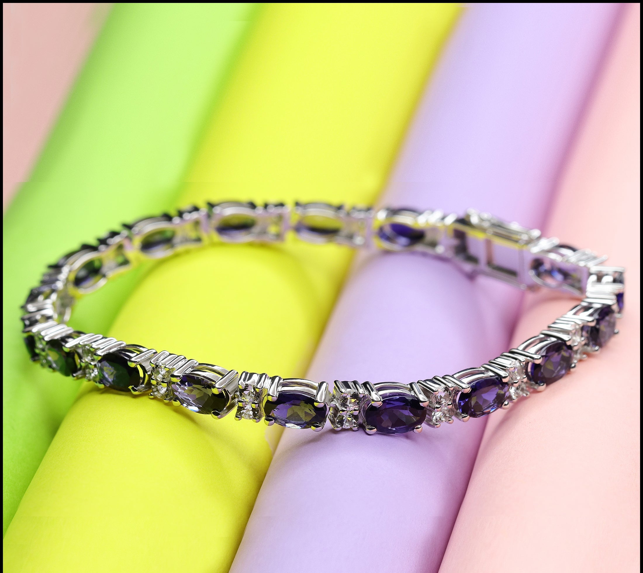 Sterling Silver Oval Iolite & Round White Topaz Ladies Tennis Bracelet