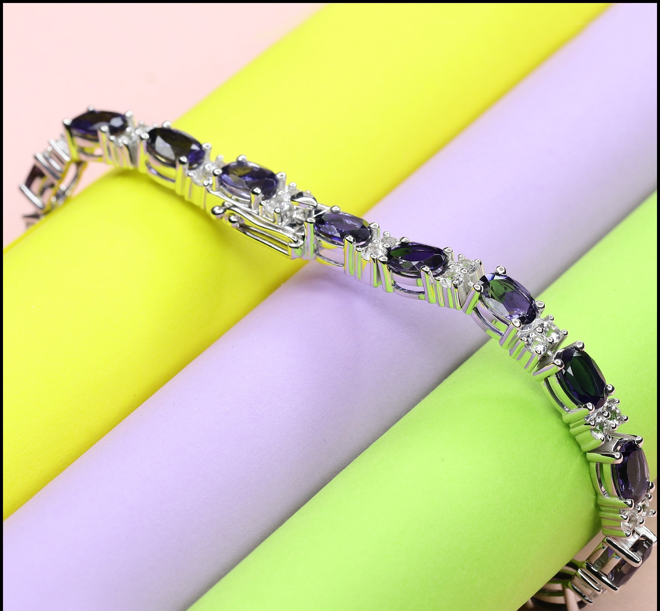 Sterling Silver Oval Iolite & Round White Topaz Ladies Tennis Bracelet