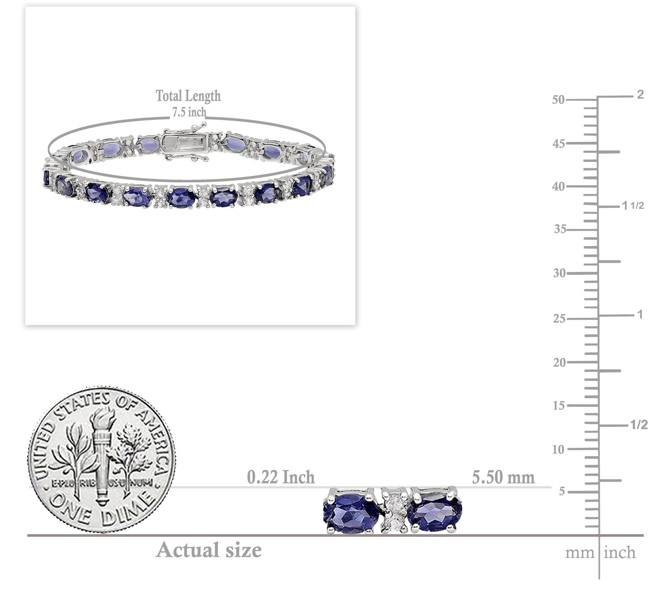 Sterling Silver Oval Iolite & Round White Topaz Ladies Tennis Bracelet