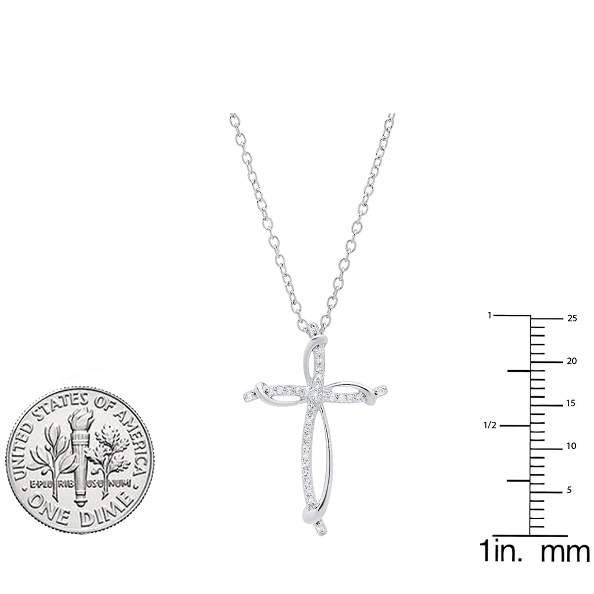 0.10 Carat (ctw) Sterling Silver Round Diamond Ladies Cross Pendant(Necklace) 1/10 CT (Silver Chain Included)