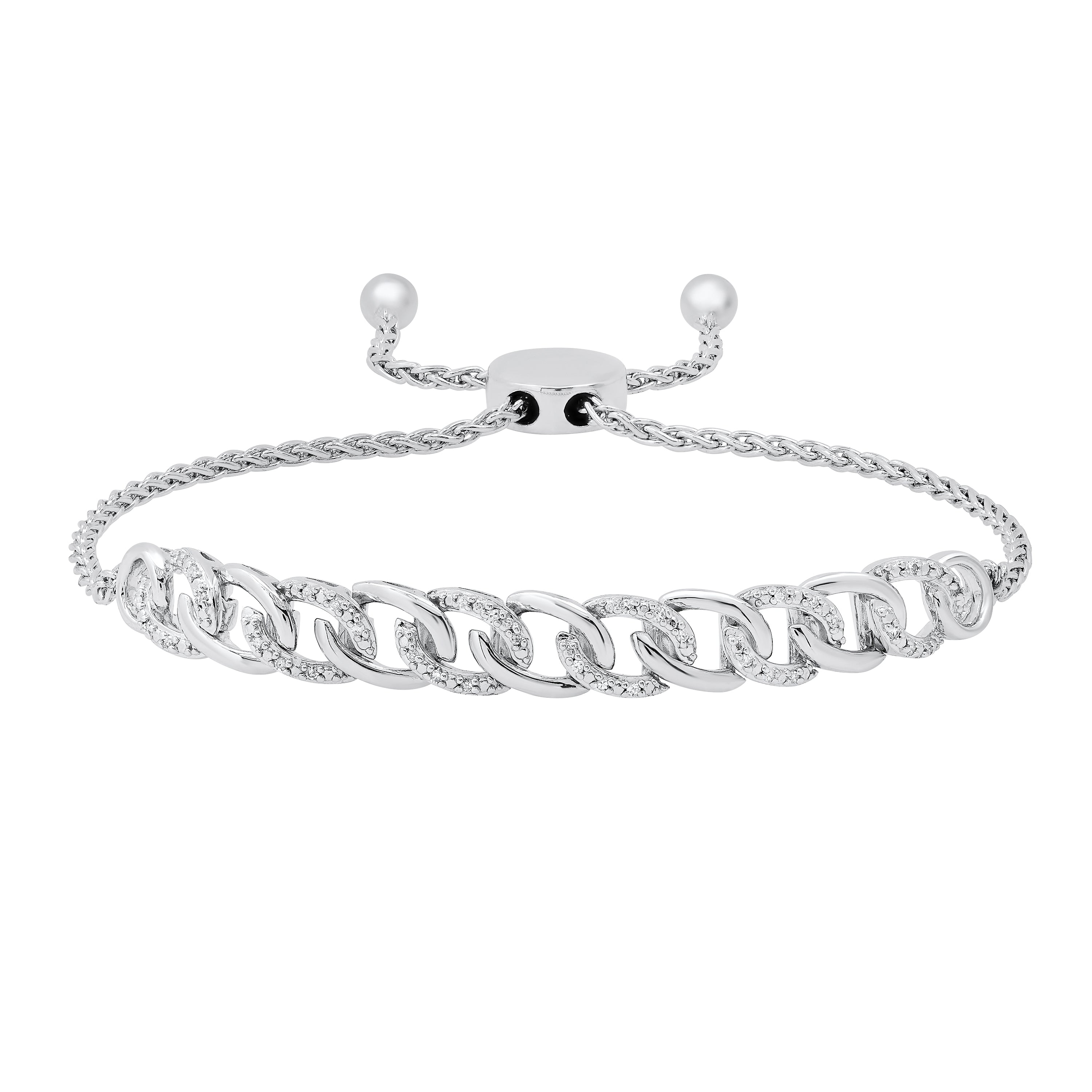 0.12 Carat (ctw) Round White Diamond Interlocking Curb Link Bolo Bracelet for Her | Sterling Silver