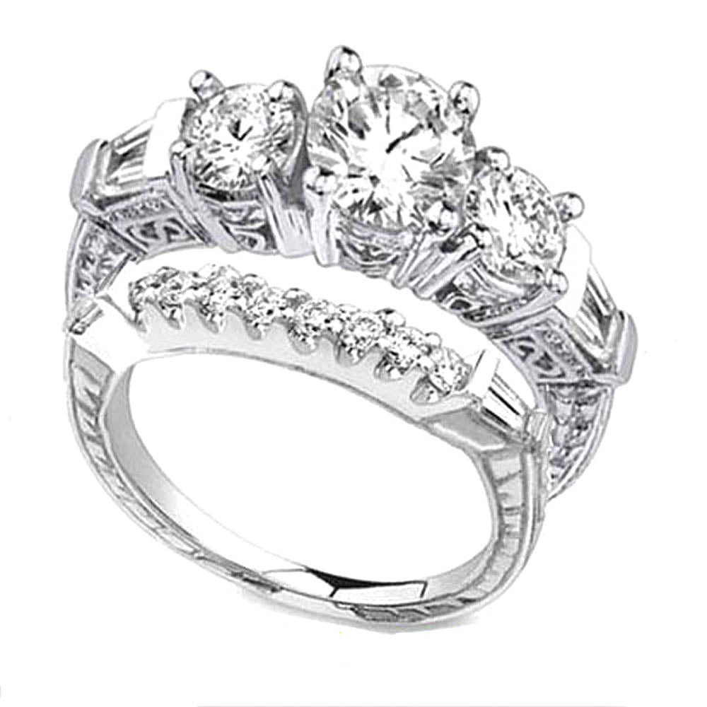 1.50 Carat (ctw) 14k White Gold Round & Baguette Diamond Ladies Bridal Engagement Ring Set with Matching Band