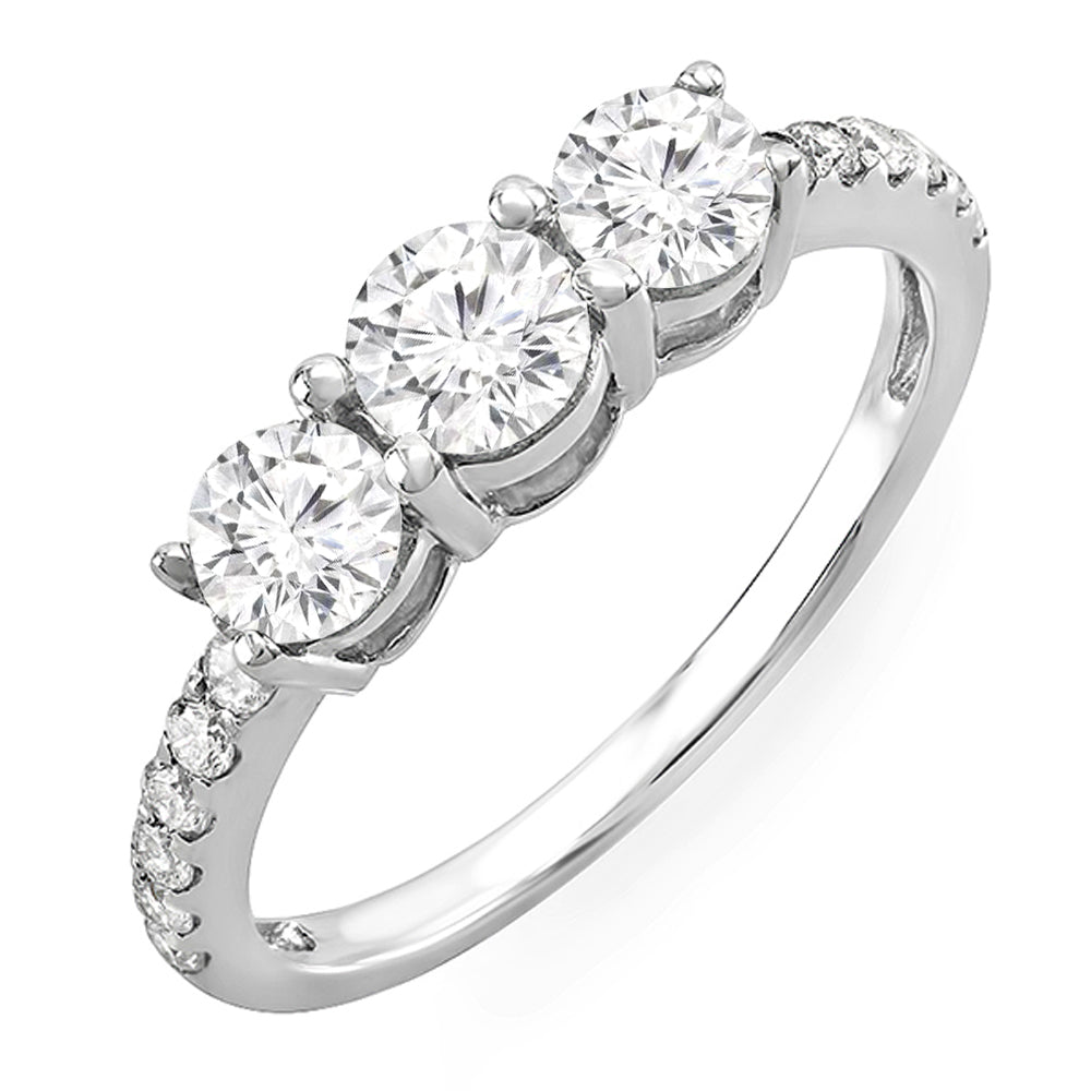 0.90 Carat (ctw) 14k White Gold Brilliant Round Diamond 3 Stone Engagement Bridal Ring
