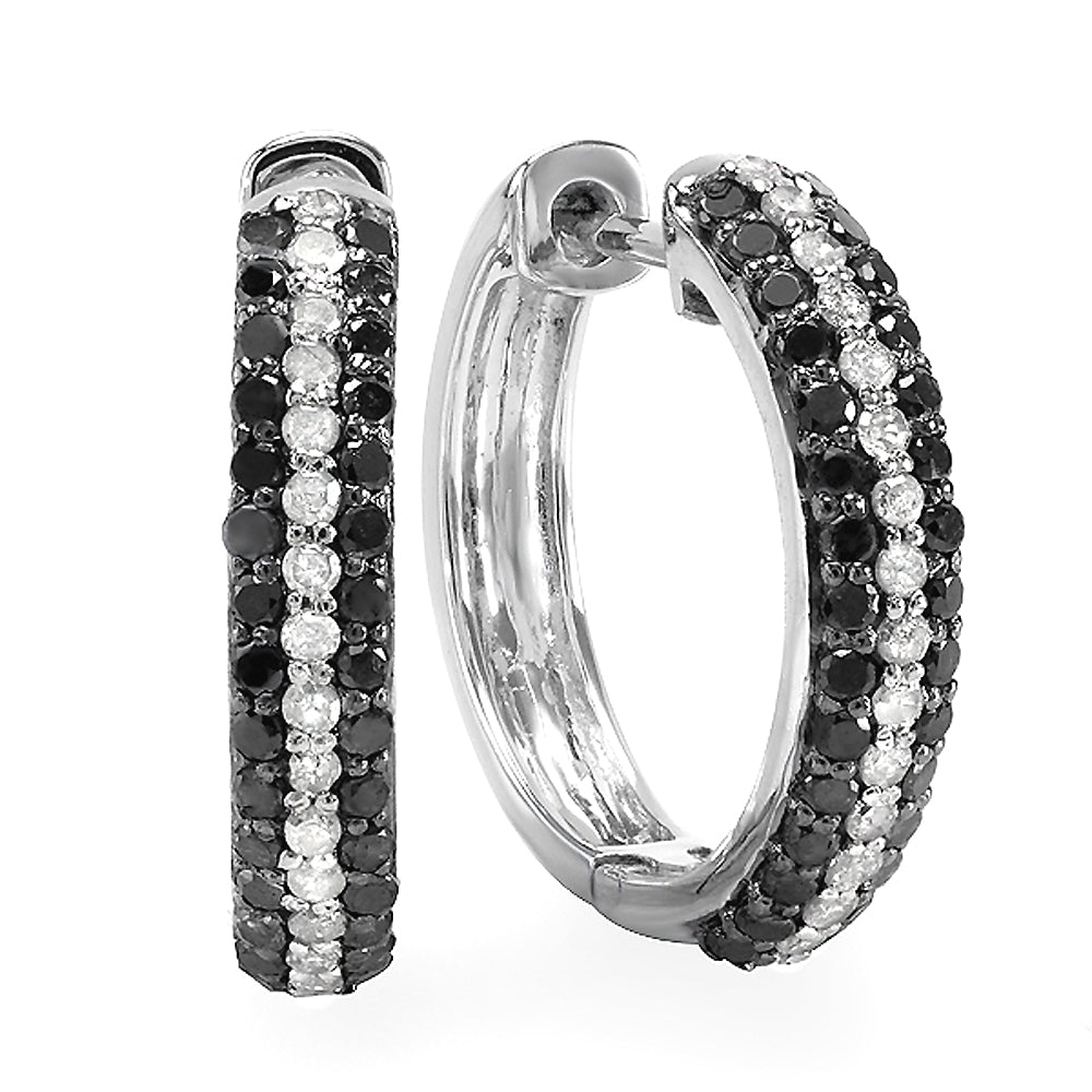0.65 Carat (ctw) Sterling Silver Ladies Round Black and White Diamond Huggies Hoop Earrings