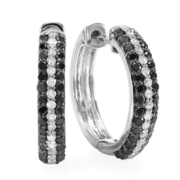 0.65 Carat (ctw) Sterling Silver Ladies Round Black and White Diamond Huggies Hoop Earrings