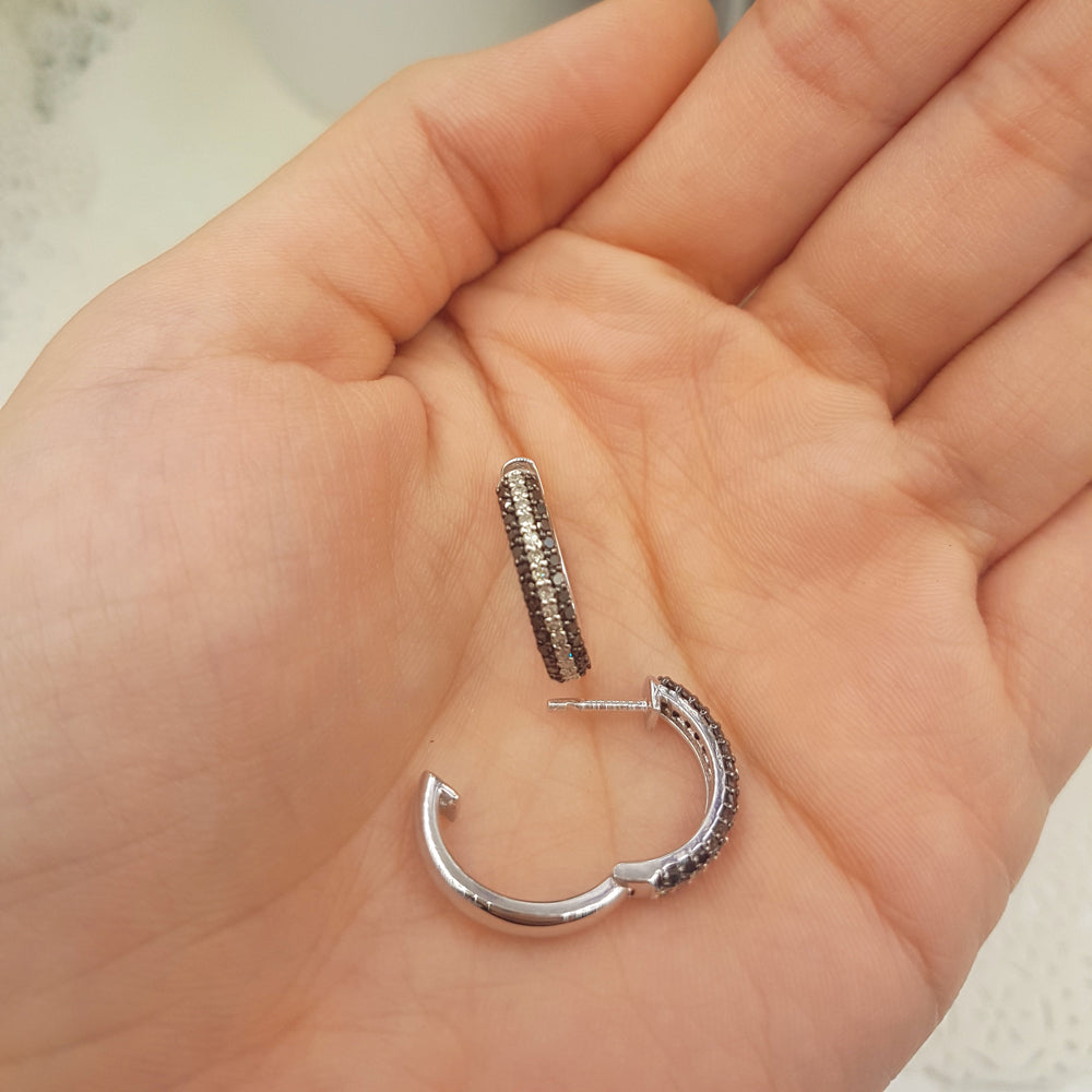 0.65 Carat (ctw) Sterling Silver Ladies Round Black and White Diamond Huggies Hoop Earrings