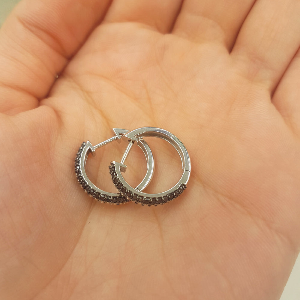 0.65 Carat (ctw) Sterling Silver Ladies Round Black and White Diamond Huggies Hoop Earrings