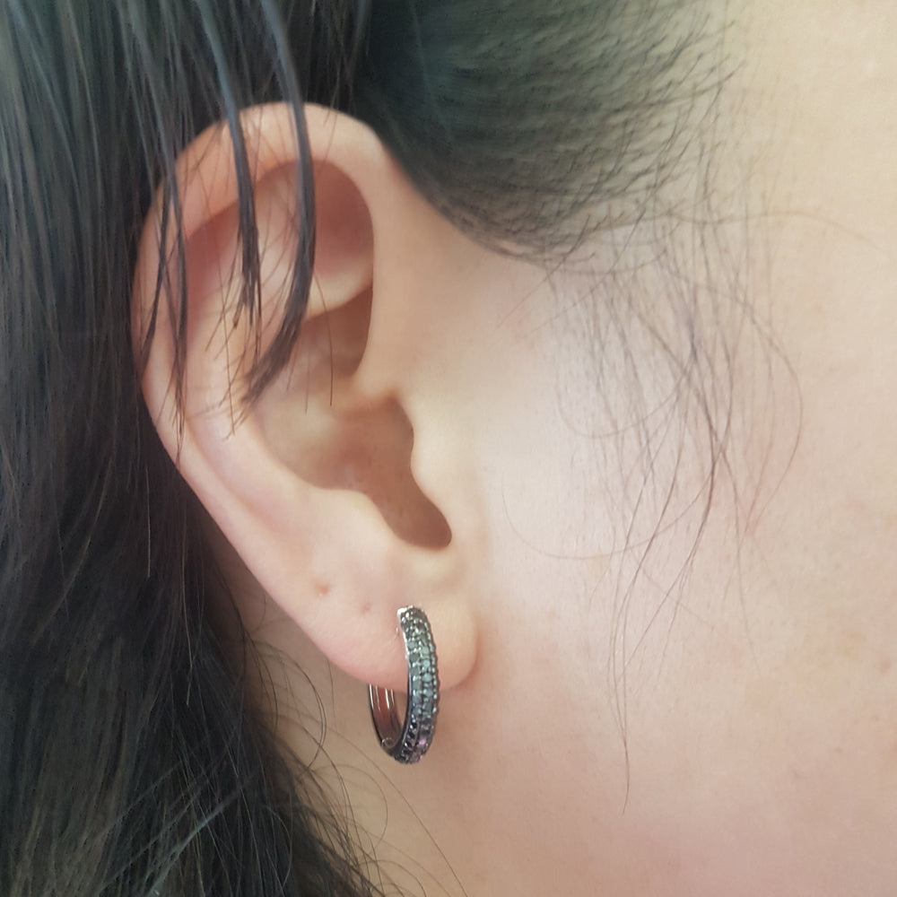 0.65 Carat (ctw) Sterling Silver Black Round Diamond Huggie Hoop Earrings