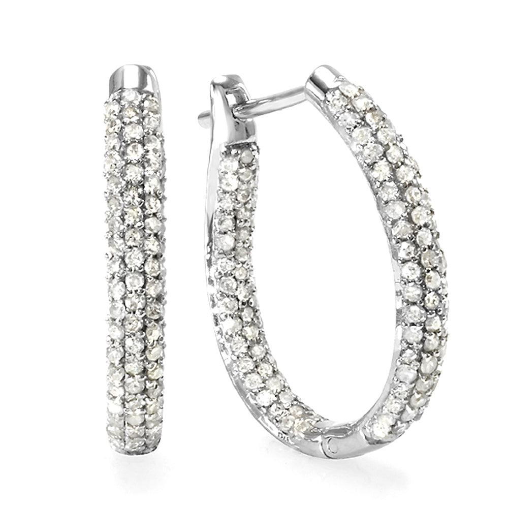 0.80 Carat (ctw) Sterling Silver Ladies Hoop Pave Set Diamond Earrings