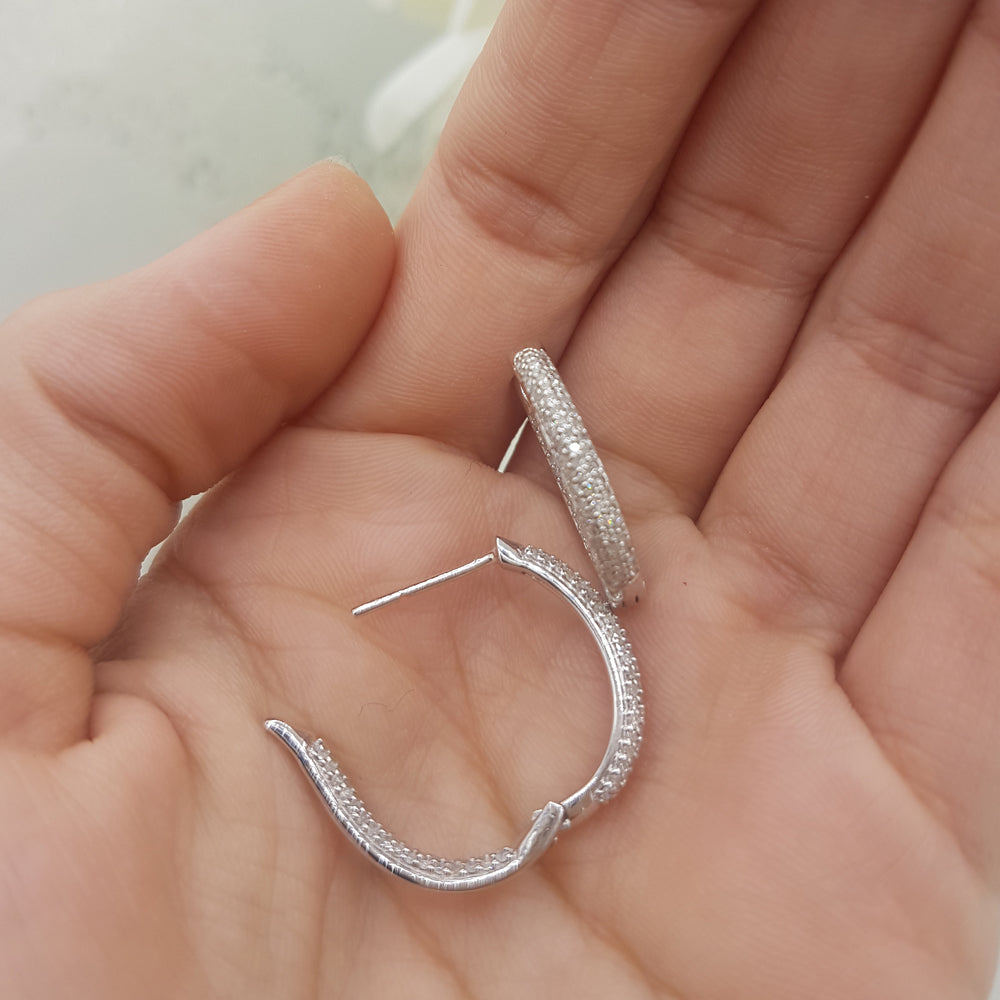 0.80 Carat (ctw) Sterling Silver Ladies Hoop Pave Set Diamond Earrings