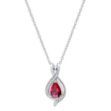 9x6 mm Pear Lab Created Ruby & Round White Diamond Swirl Teardrop Pendant (Necklace) with 18 inch Gold Chain for Women in 10K White Gold