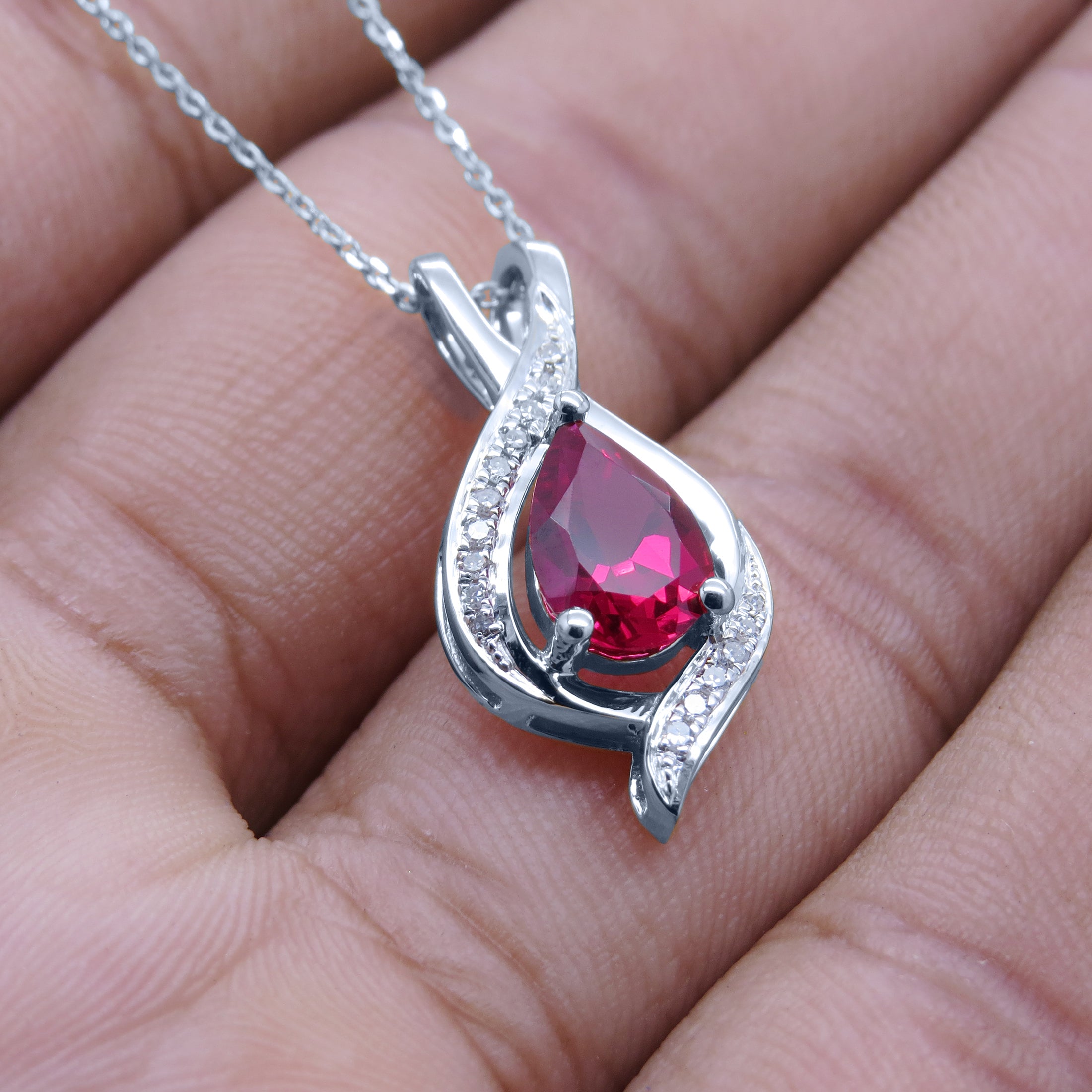 9x6 mm Pear Lab Created Ruby & Round White Diamond Swirl Teardrop Pendant (Necklace) with 18 inch Gold Chain for Women in 10K White Gold