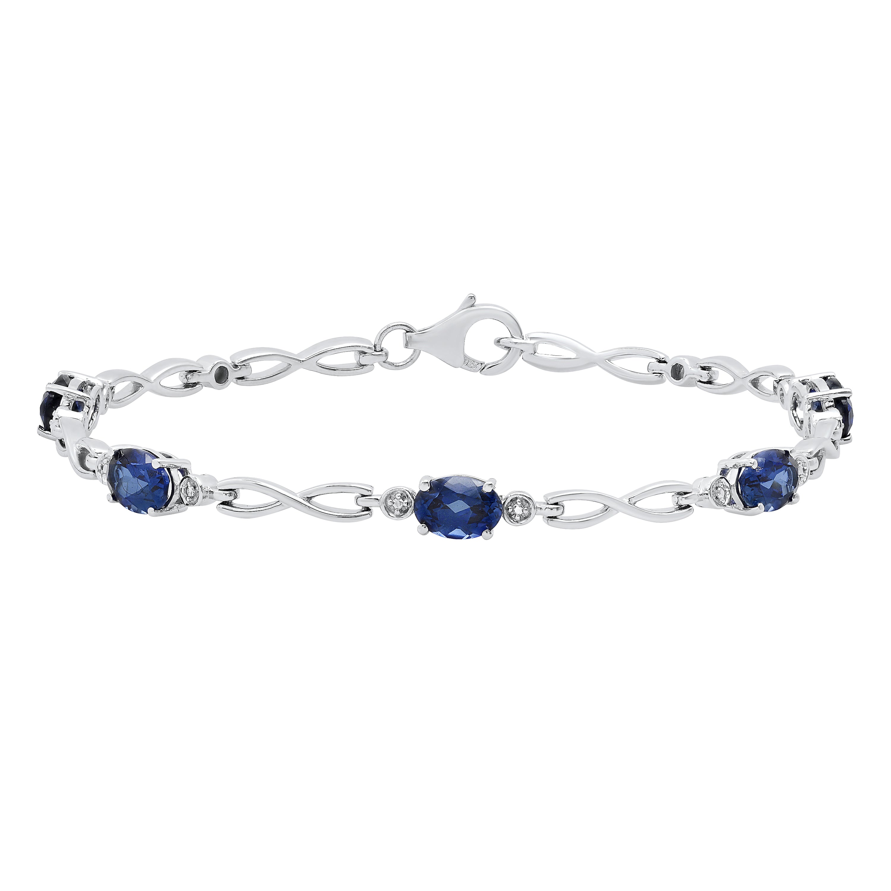 7X5 mm Oval Lab Created Blue Sapphire & Round White Diamond Ladies Tennis Bracelet Sterling Silver