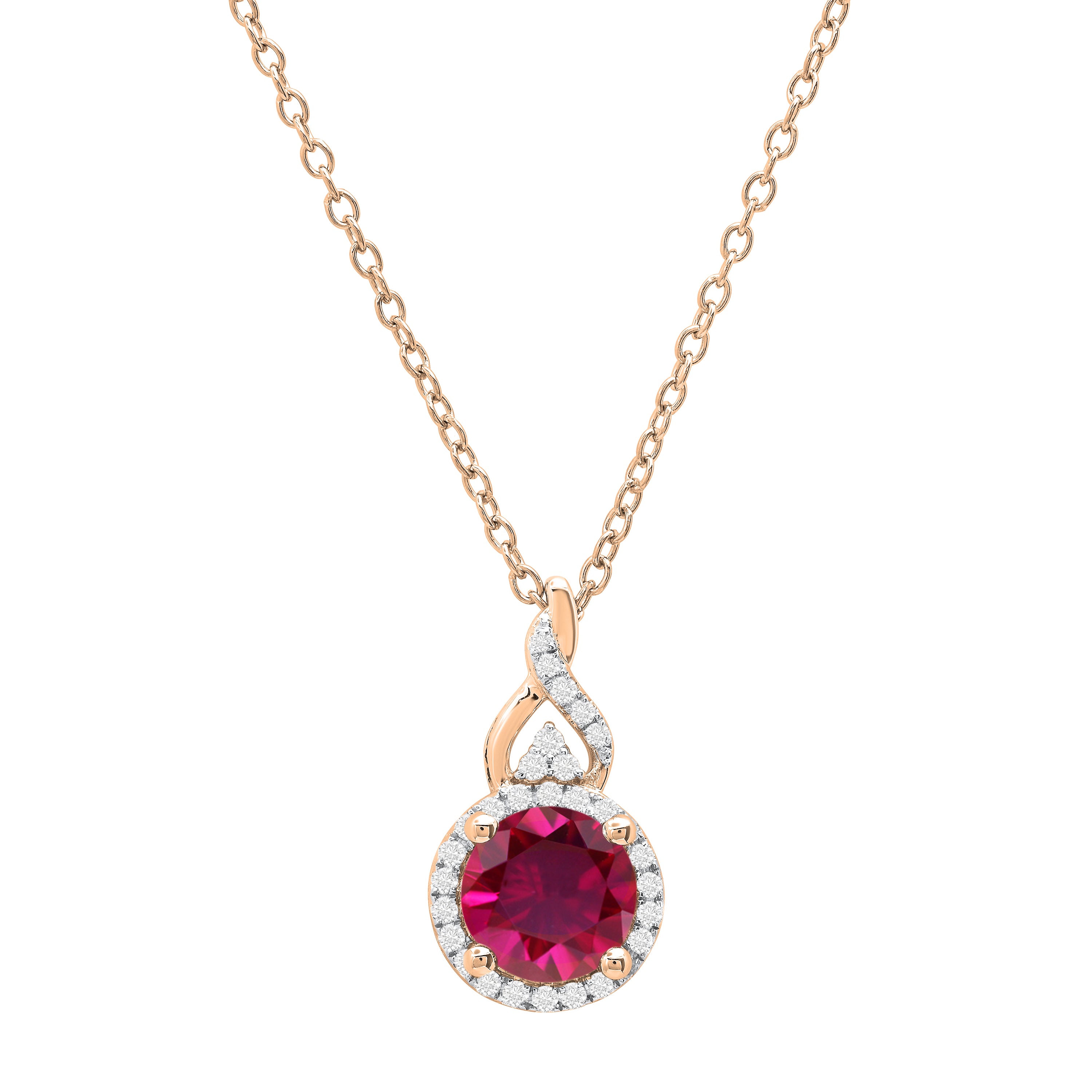 7 mm Round Lab Created Ruby & Natural White Diamond Pendant(Necklace) for Women with 18 inch Gold Chain in 10K White Gold