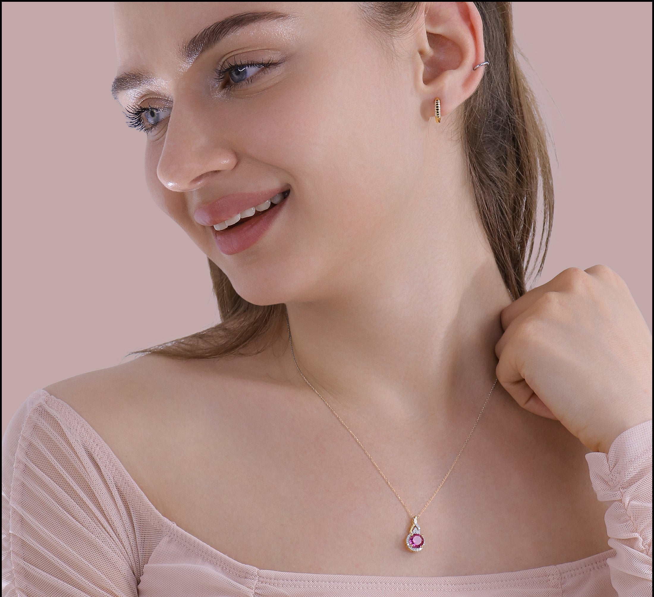 7 mm Round Lab Created Ruby & Natural White Diamond Pendant(Necklace) for Women with 18 inch Gold Chain in 10K White Gold