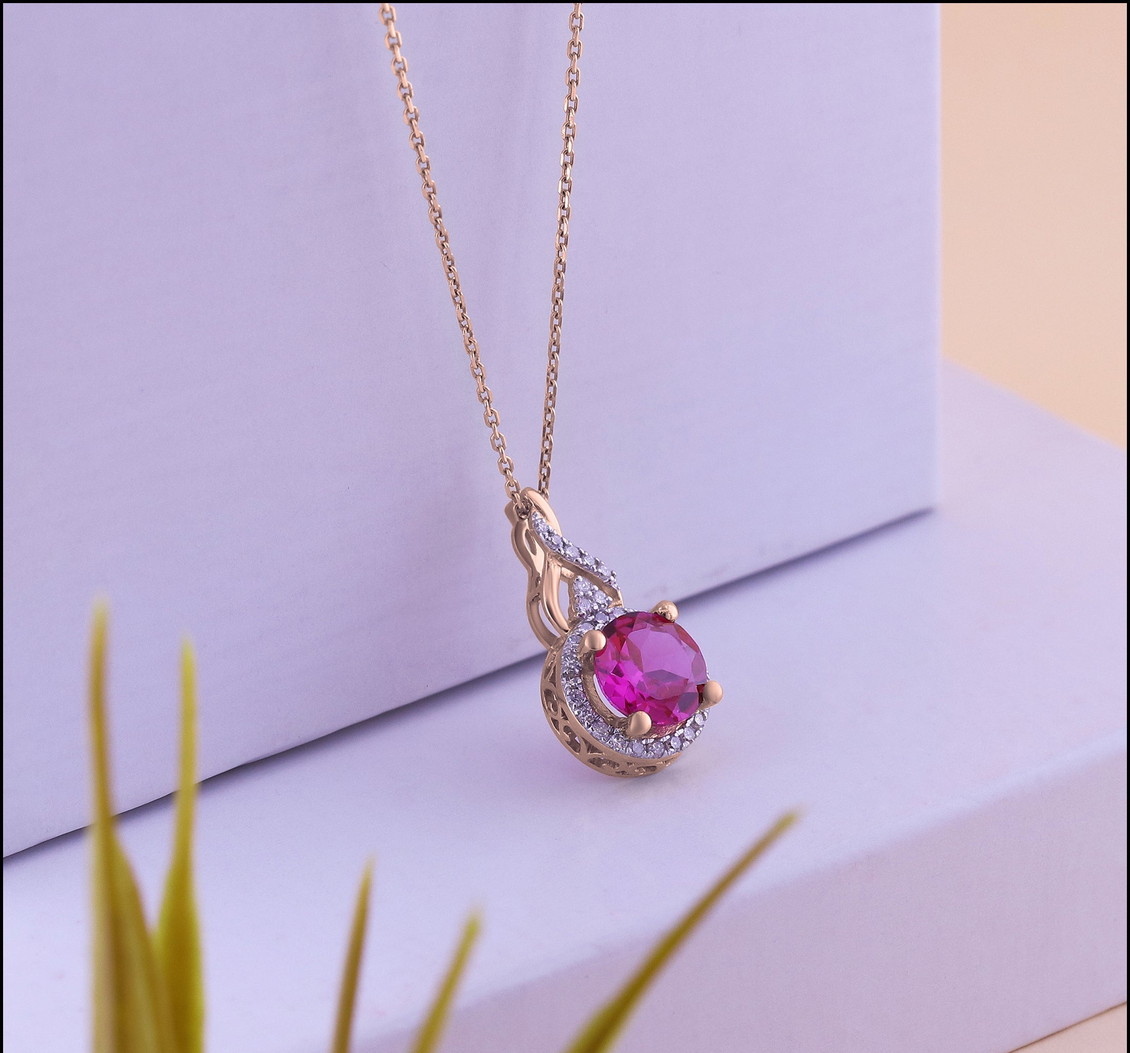 7 mm Round Lab Created Ruby & Natural White Diamond Pendant(Necklace) for Women with 18 inch Gold Chain in 10K White Gold