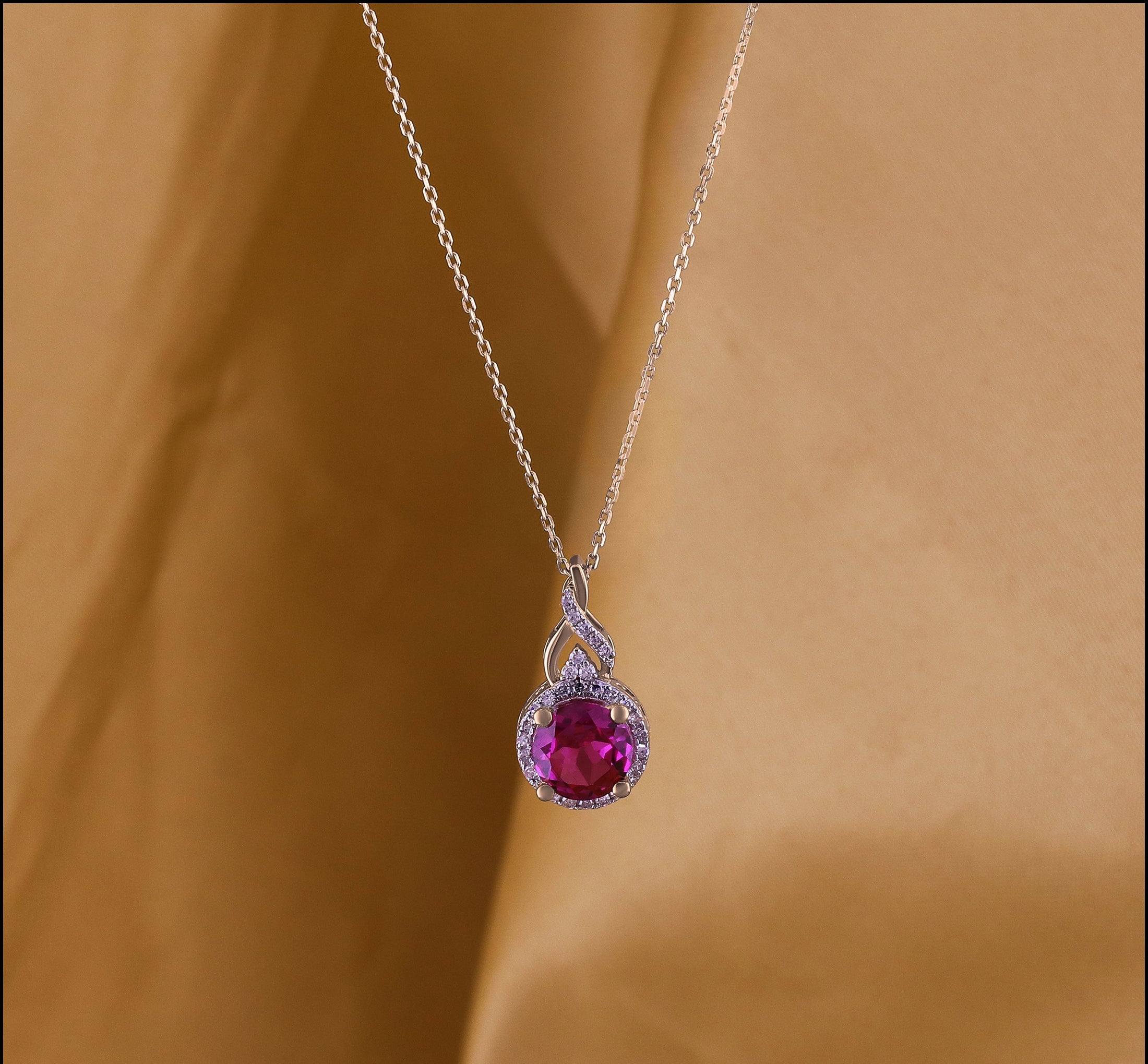 7 mm Round Lab Created Ruby & Natural White Diamond Pendant(Necklace) for Women with 18 inch Gold Chain in 10K White Gold