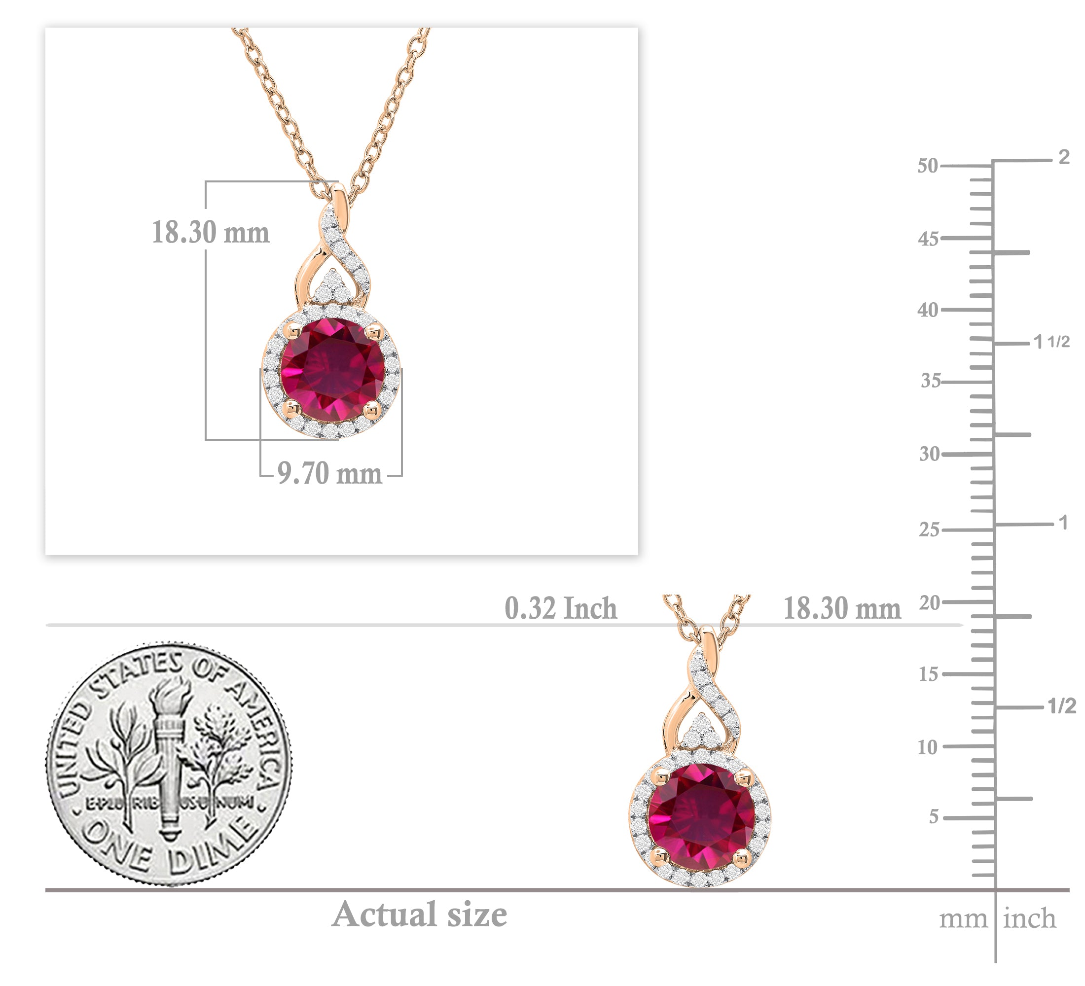7 mm Round Lab Created Ruby & Natural White Diamond Pendant(Necklace) for Women with 18 inch Gold Chain in 10K White Gold